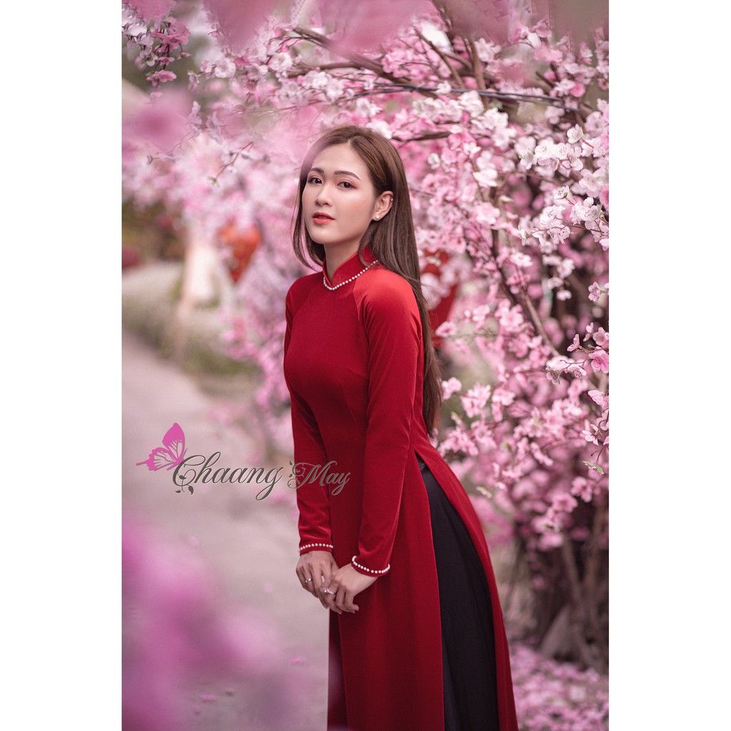 Áo dài nhung đính đá ngọc CHAANG May sẵn Áo dài truyền thống sang trọng, vải co giãn đẹp