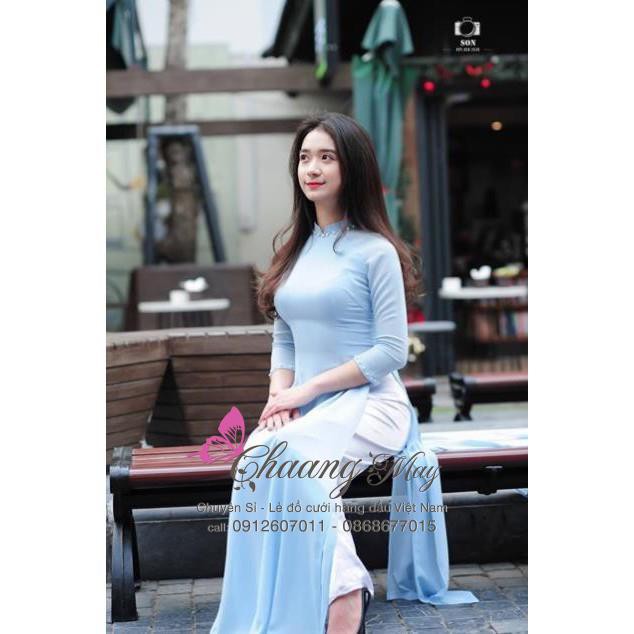 Áo dài xanh biển hay xanh da trời chất lụa trượt tằm xịn 4 tà