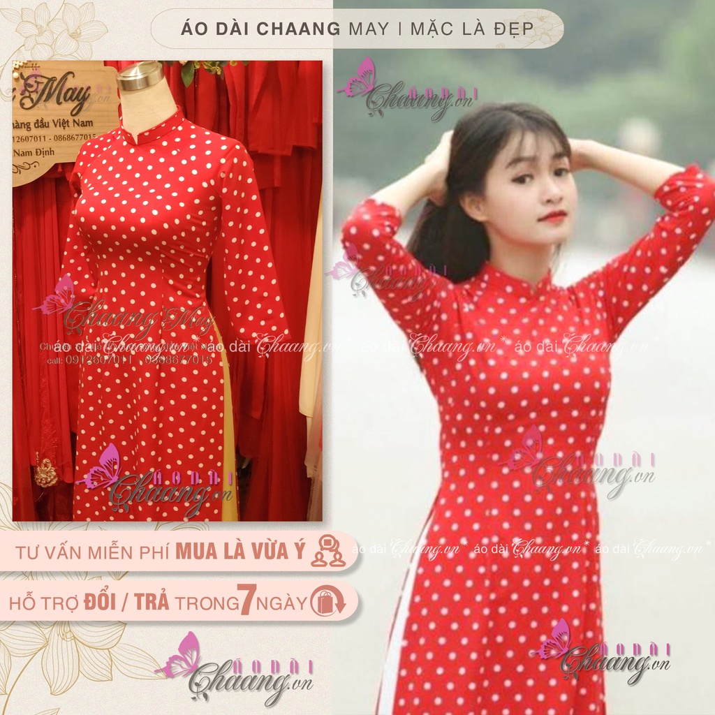 Áo Dài Đỏ Tươi Chấm Bi Trắng May Sẵn Áo Dài Truyền Thống Cổ Vuông Tay Lỡ Lụa Mặc Tết Đẹp