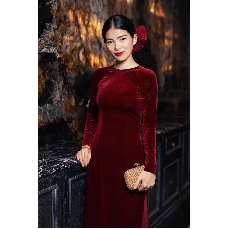 Áo Dài Nhung Đỏ Đô Đậm Truyền Thống May Sẵn Dự Tiệc Lễ Tết Đẹp Quý Phái