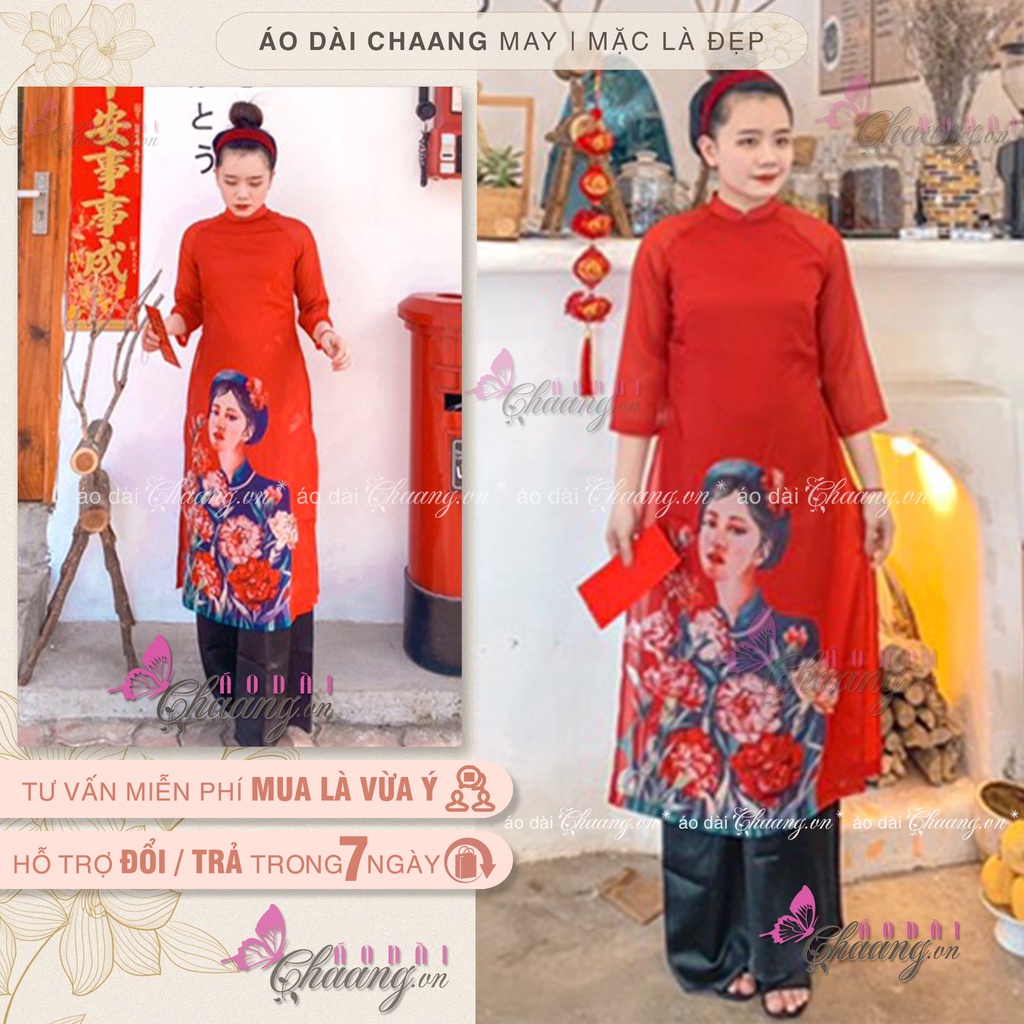 Áo dài cách tân cô gái CHAANG May sẵn vải áo dài 4 tà lụa tơ in hình dự tiệc lễ tết đẹp