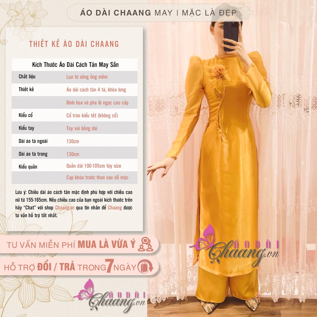 Áo Dài Cách Tân Nữ Cao Cấp May Sẵn Tay Bồng Lụa Tơ 4 Tà Cổ Tròn Kết Hoa Thủ Công Phù Hợp Dự Tiệc Lễ Tết Đẹp