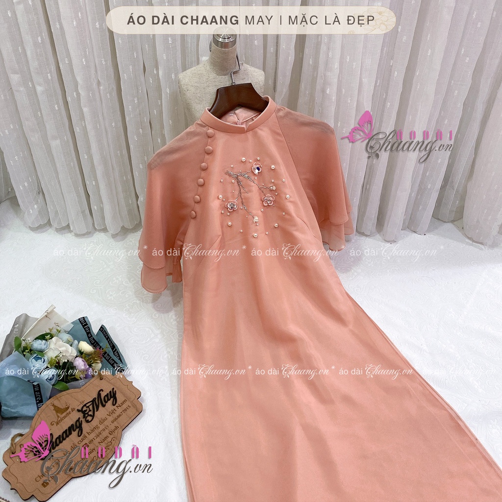 Áo Dài Tết Cách Tân Nữ Mộc Miên Thêu Cành Hoa Mai Đào Khoe Sắc Đẹp Trên Nền Lụa Tơ 4 Tà Cao Cấp