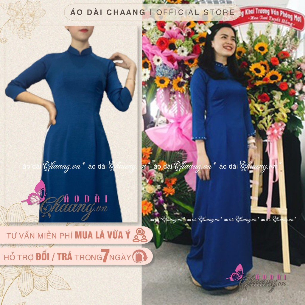 Áo Dài Xanh Navi Cổ Vịt CHAANG May Sẵn 2 Tà Thuyền Thống Lụa Đẹp ADX422