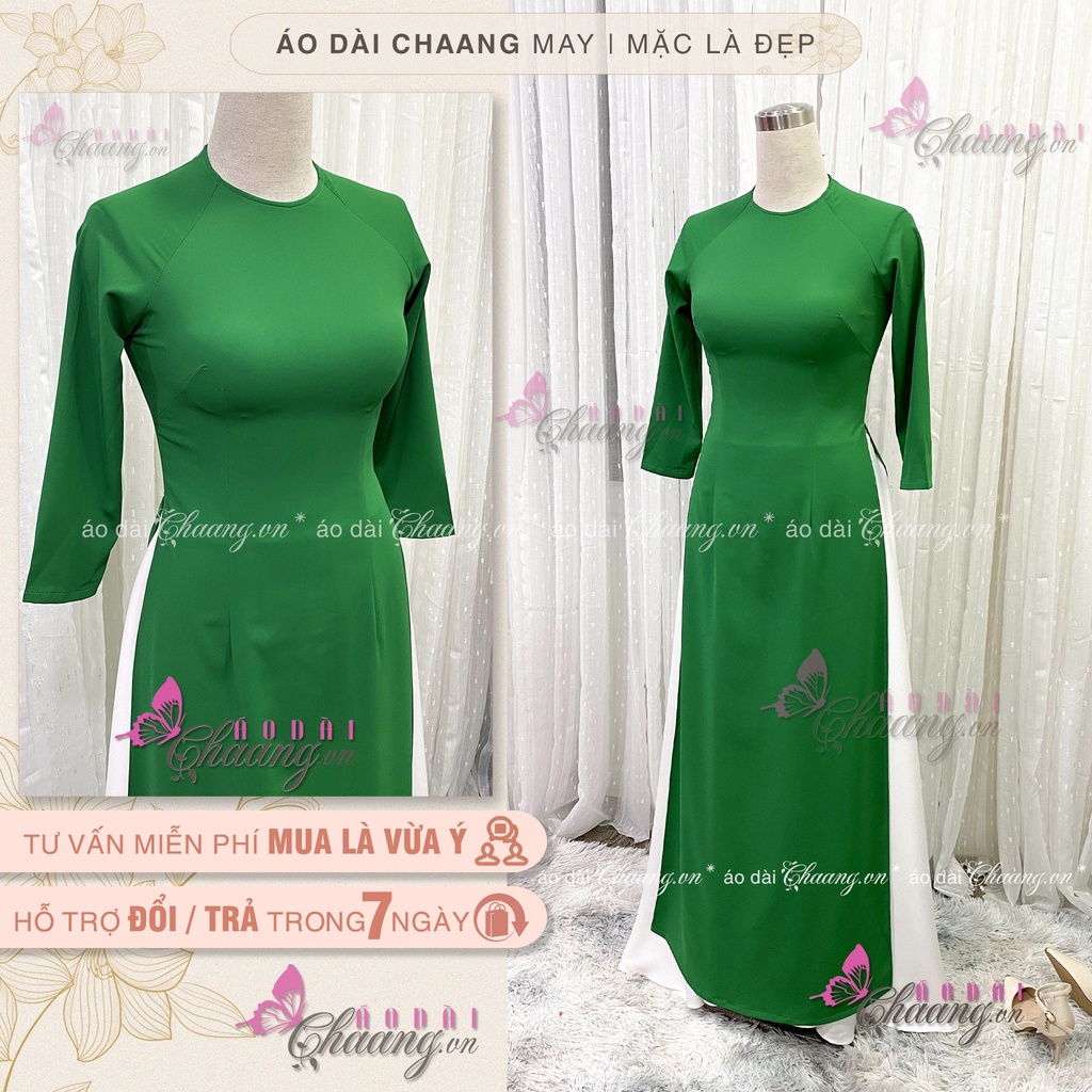 Áo dài xanh lá cổ tròn CHAANG May sẵn dáng truyền thống, vải lụa tay lỡ