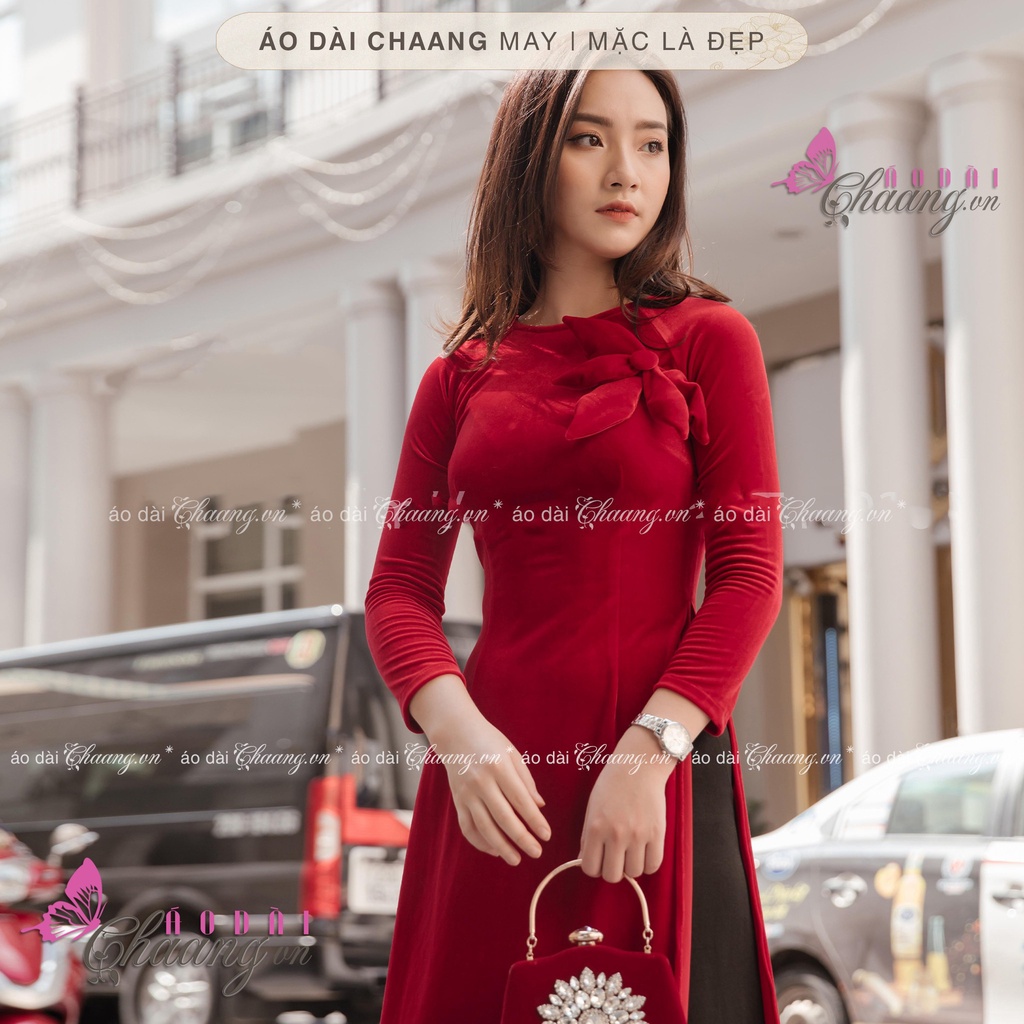Áo dài nhung cổ tròn CHAANG May sẵn Áo dài nhung sang trọng, vải áo dài nhung đỏ sang trọng