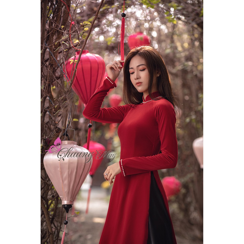 Áo dài nhung đính đá ngọc CHAANG May sẵn Áo dài truyền thống sang trọng, vải co giãn đẹp