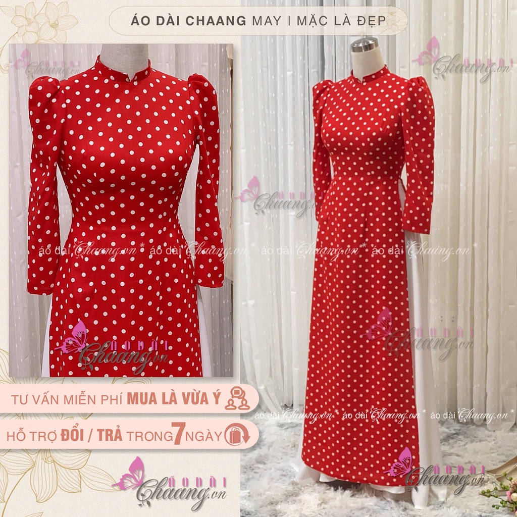 Áo Dài Truyền Thống Chấm Bi Vàng Vai Bồng May Sẵn Lụa Thái Cổ Vuông Đẹp ChaangBi08