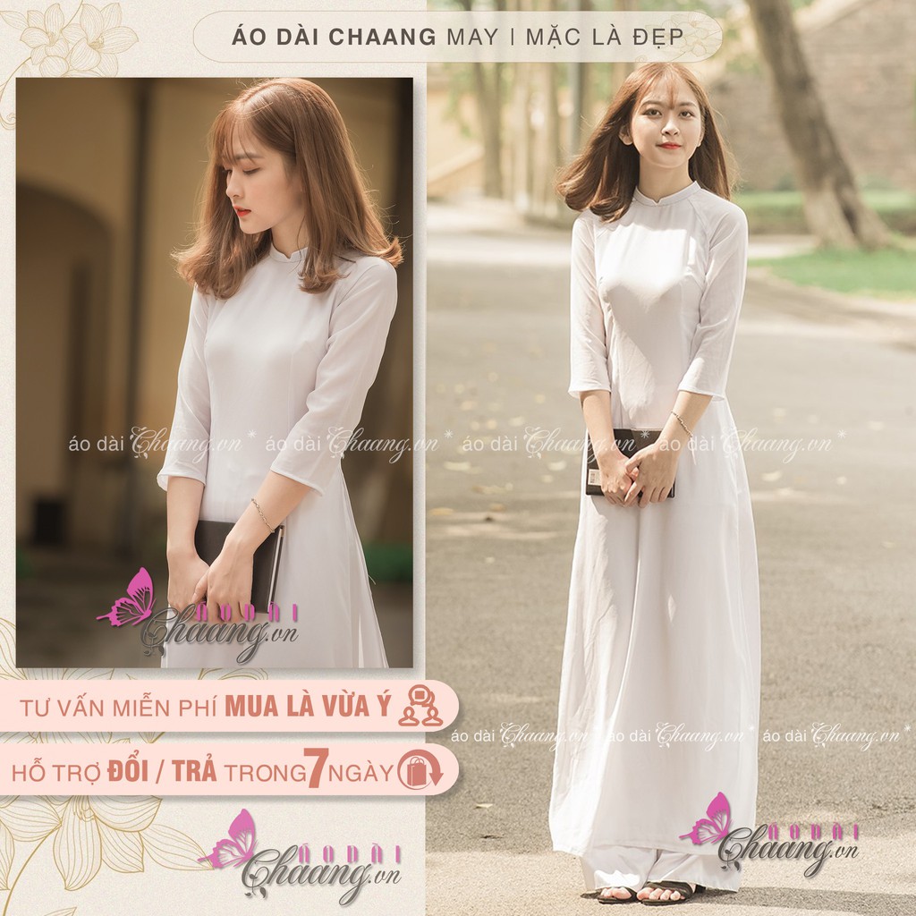 Áo Dài Trắng Nữ Học Sinh Đi Học May Sẵn 4 Tà Lụa Tằm Cao Cấp Trắng Kem Cổ  Vuông 2Cm - Chaang.Vn - Áo Dài Đẹp May Sẵn