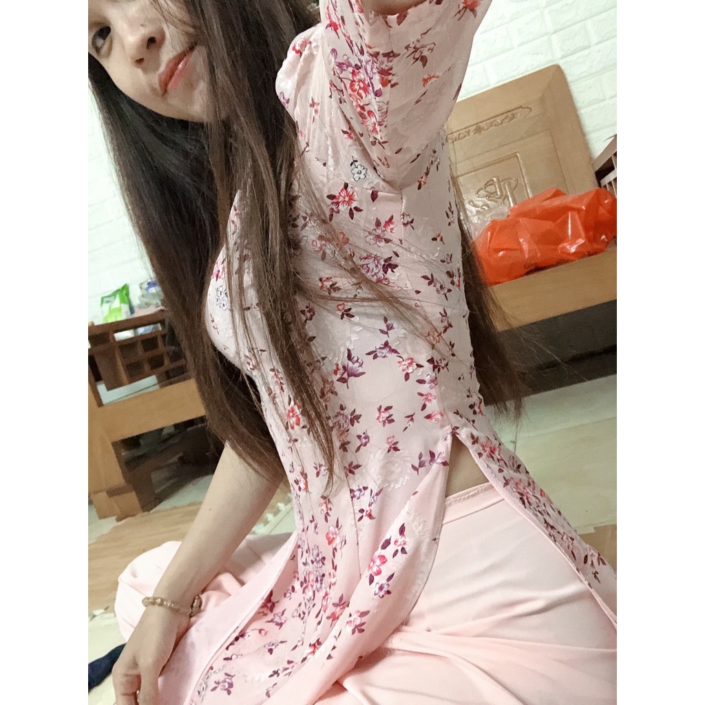 Áo Dài Hoa Nhí Hồng May Sẵn Áo Dài Truyền Thống Lụa Tơ Đẹp 2 Tà HT020