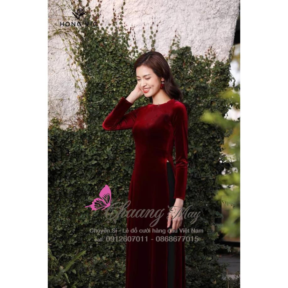 Áo dài nhung cổ tròn Chaang May sẵn áo dài vải đỏ đô đẹp sang trọng