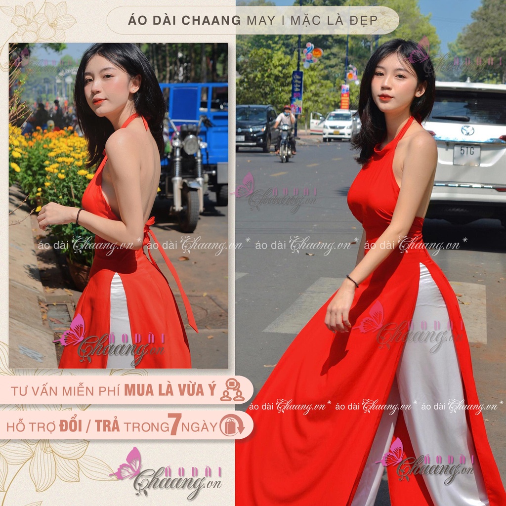 Áo dài cổ yếm đỏ khoét hở lưng CHAANG may sẵn dáng truyền thống vải lụa chụp sen dự tiệc lễ tết đẹp ADC206