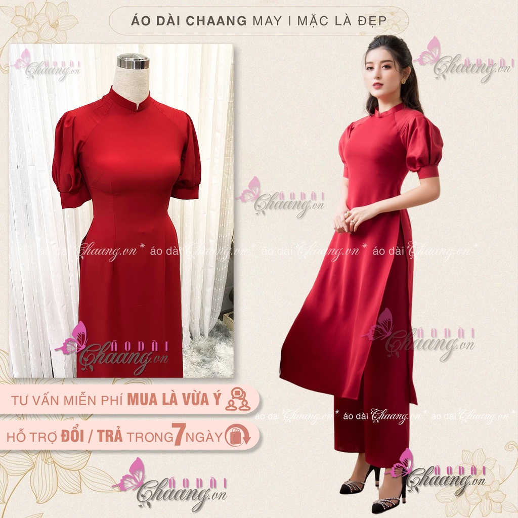 Áo Dài Tết Cách Tân Nữ Thiết Kế Tay Bồng Măng Séc Chaang May sẵn vải Lụa Đỏ dự tiệc cưới lễ tết đẹp