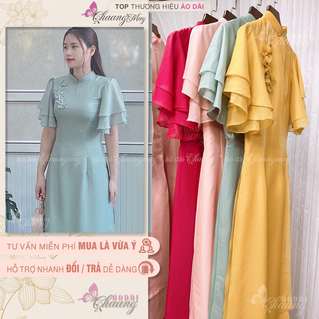Áo Dài Cách Tân Nữ Hoa Xếp Nhẹ Thủ Công Chaang May Thiết Kế Sẵn Lụa Tơ Tay Cánh Tiên Dự Tiệc Lễ Tết Xinh Đẹp