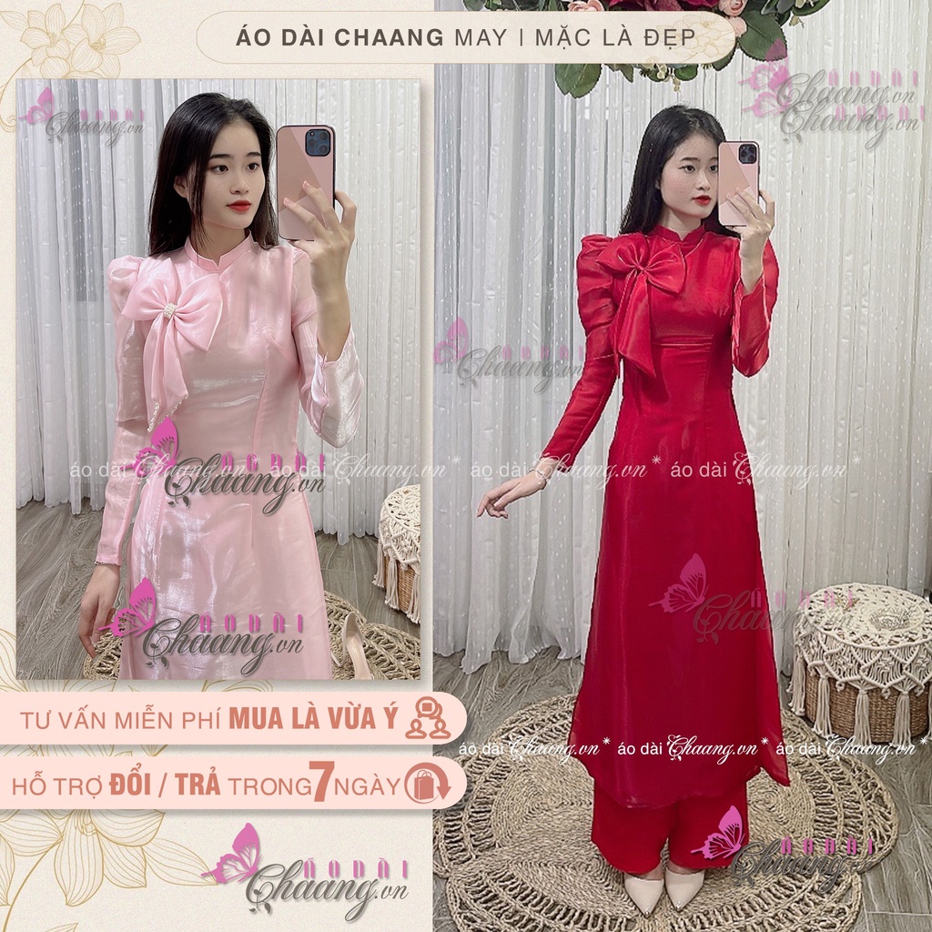 Áo Dài Cách Tân Nữ Đính Nơ Tơ Óng Trên Ngực CHAANG May Sẵn 4 Tà Tay Bồng Lỡ Đẹp