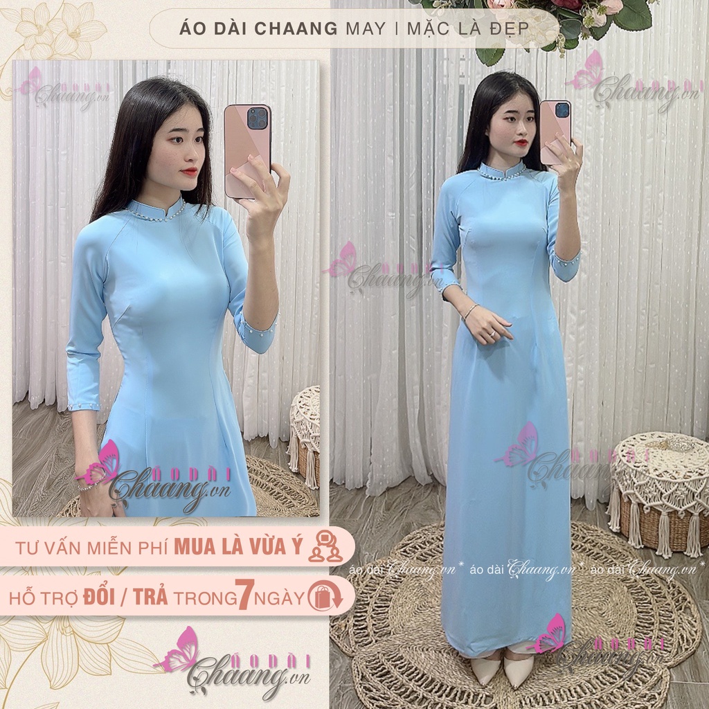Áo Dài Xanh Biển Đính Ngọc Cổ Tay Cao Cấp Vải Lụa Đẹp Co Giãn Tốt May Sẵn