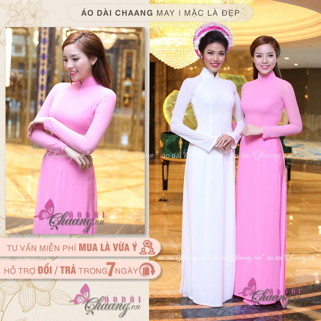 Áo dài truyền thống hồng phấn CHAANG May sẵn lụa Mỹ co giãn 4 chiều cao cấp lên form đẹp