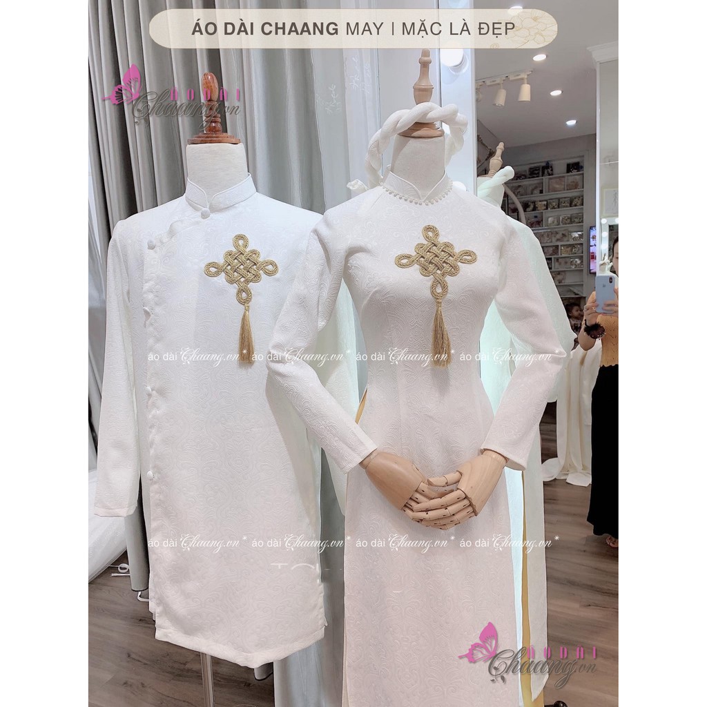Áo dài cách tân nam truyền thống Chaang May sẵn vải gấm đỏ vàng hồng đính họa tiết dự tiệc cưới lễ tết đẹp ADC131