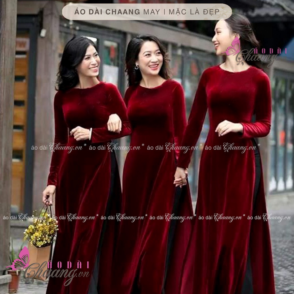 Áo dài nhung cổ tròn Chaang May sẵn áo dài vải đỏ đô đẹp sang trọng