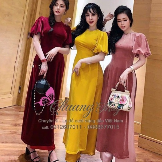 Áo Dài Nhung Cách Tân Nữ May Sẵn Tay Bèo Thun Bồng Sang Trọng Mặc Dự Tiệc Lễ Tết Đẹp