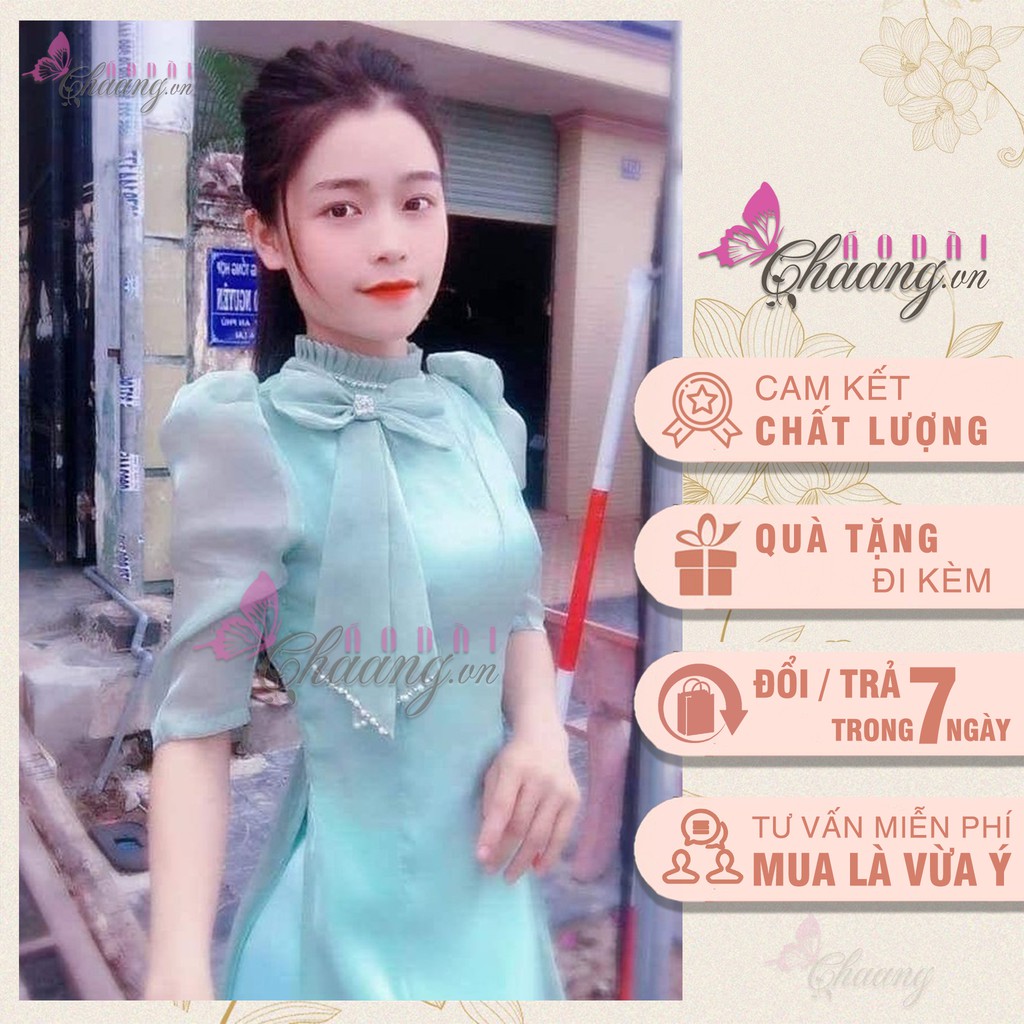 Áo Dài cách tân nữ 4 tà CHAANG May sẵn áo dài đẹp tay lỡ, vải tơ bóng mềm cổ xếp vai bồng