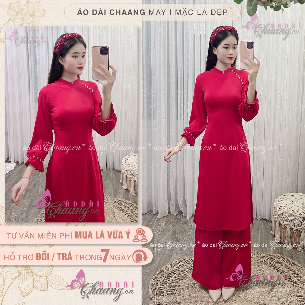 Áo Dài Cách Tân Nữ Tay Thun Bồng CHAANG May Sẵn 2 Tà Ngắn Đính Hạt Chuẩn Form Đẹp Đơn Giản CCT1422