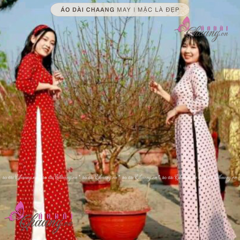 Áo Dài Đỏ Tươi Chấm Bi Trắng May Sẵn Áo Dài Truyền Thống Cổ Vuông Tay Lỡ Lụa Mặc Tết Đẹp