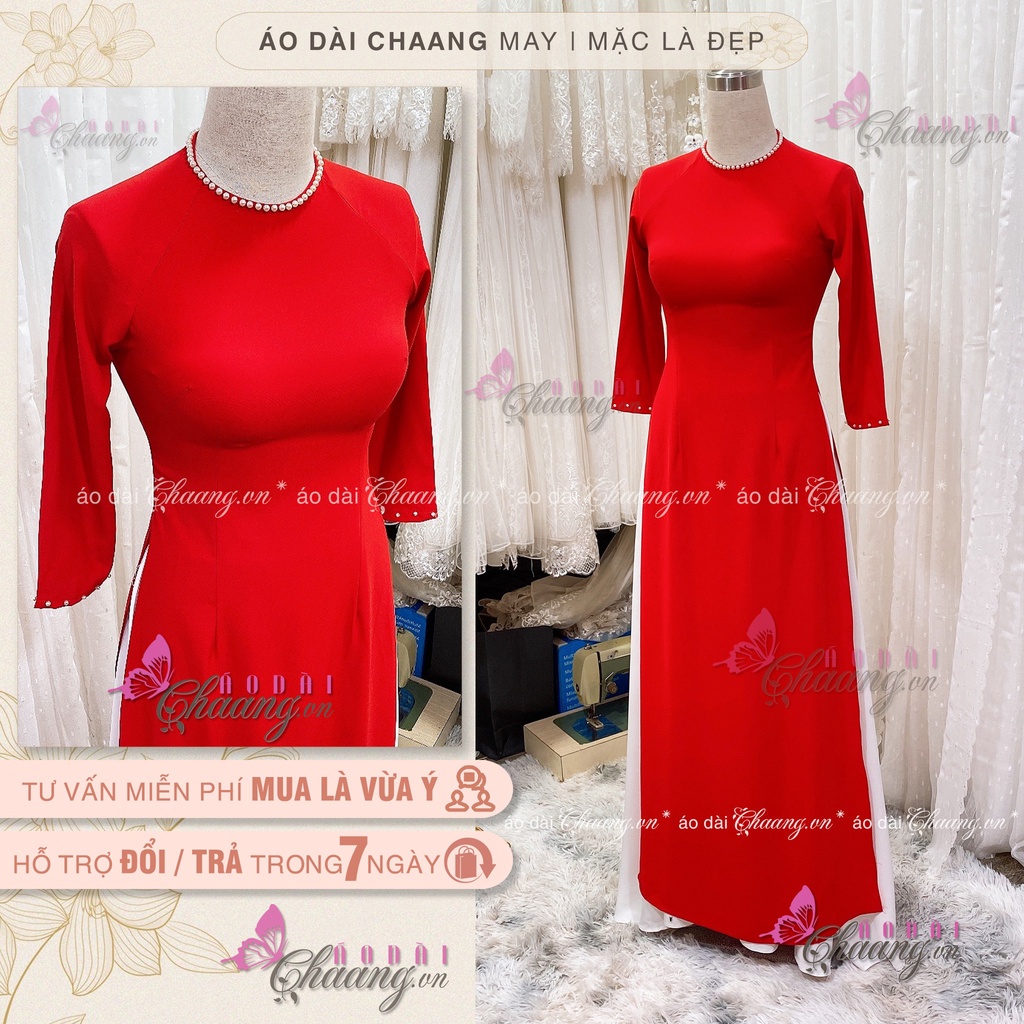 Áo dài đỏ cổ tròn CHAANG May sẵn kiểu tay lỡ viền đính đá ngọc, vải lụa đẹp