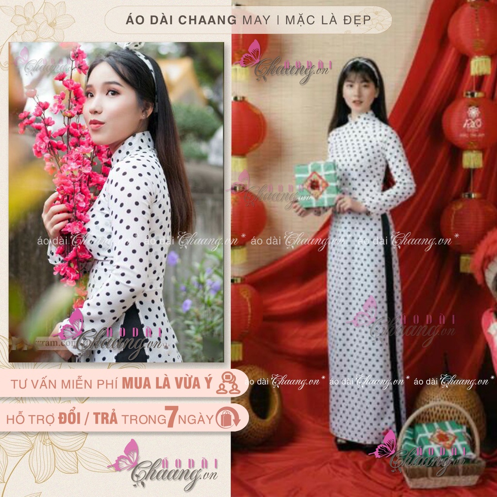 Áo dài trắng chấm bi - Áo dài truyền thống may sẵn lụa đẹp cổ sen cao tay dài