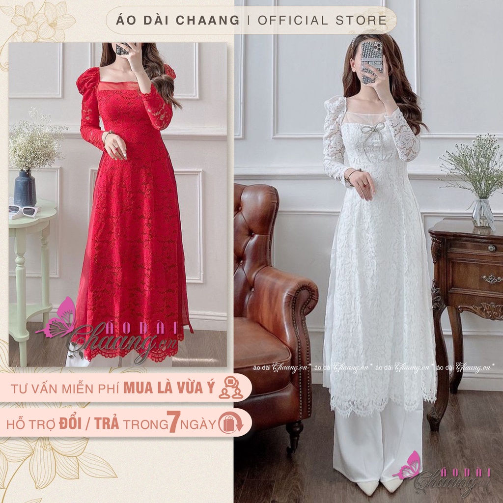 Áo Dài Đỏ Cách Tân Nữ Ren Phủ 4 Tao Cấp Cổ Voon Vuông Trễ Tay Vai Bồng Dài Dự Tiệc Lễ Tết Đẹp
