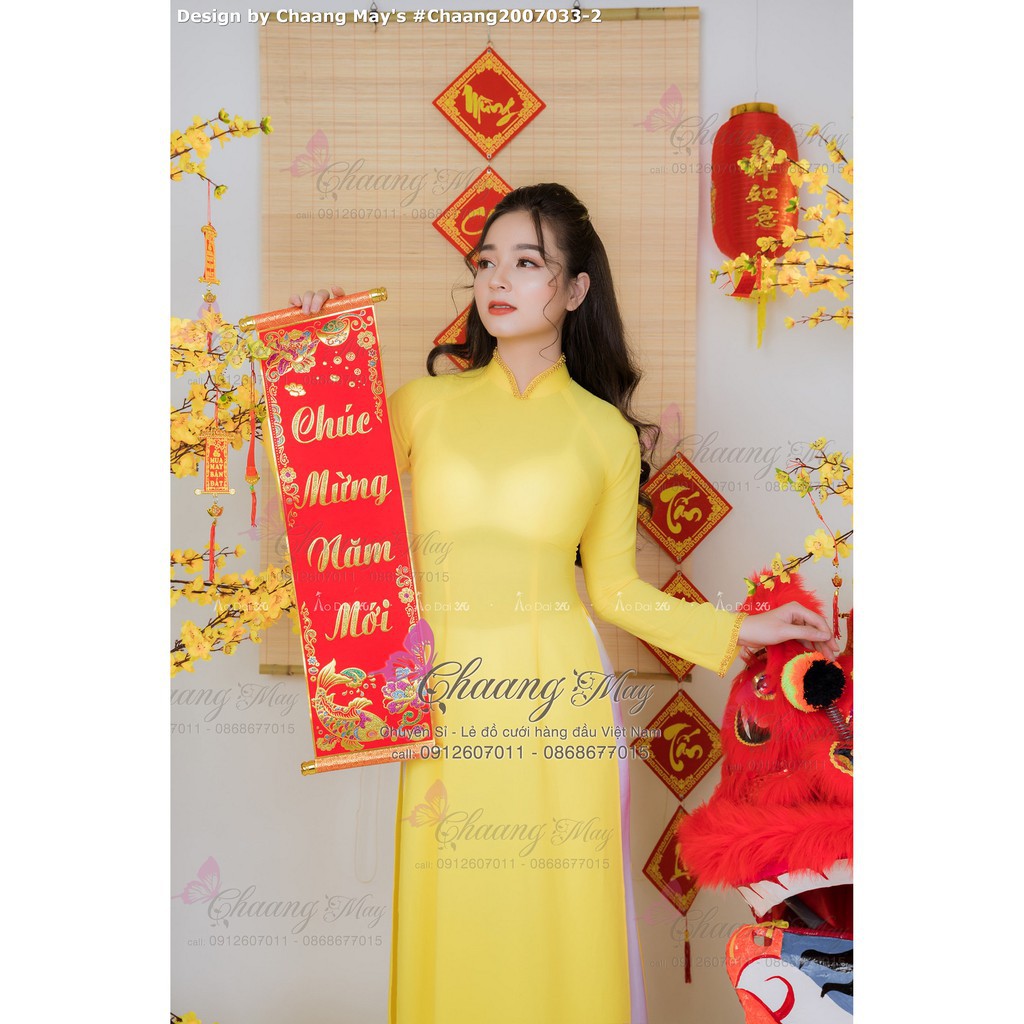 Áo dài vàng đính đá pha lê Chaang may sẵn vải áo dài truyền thống dự tiệc lễ tết đẹp