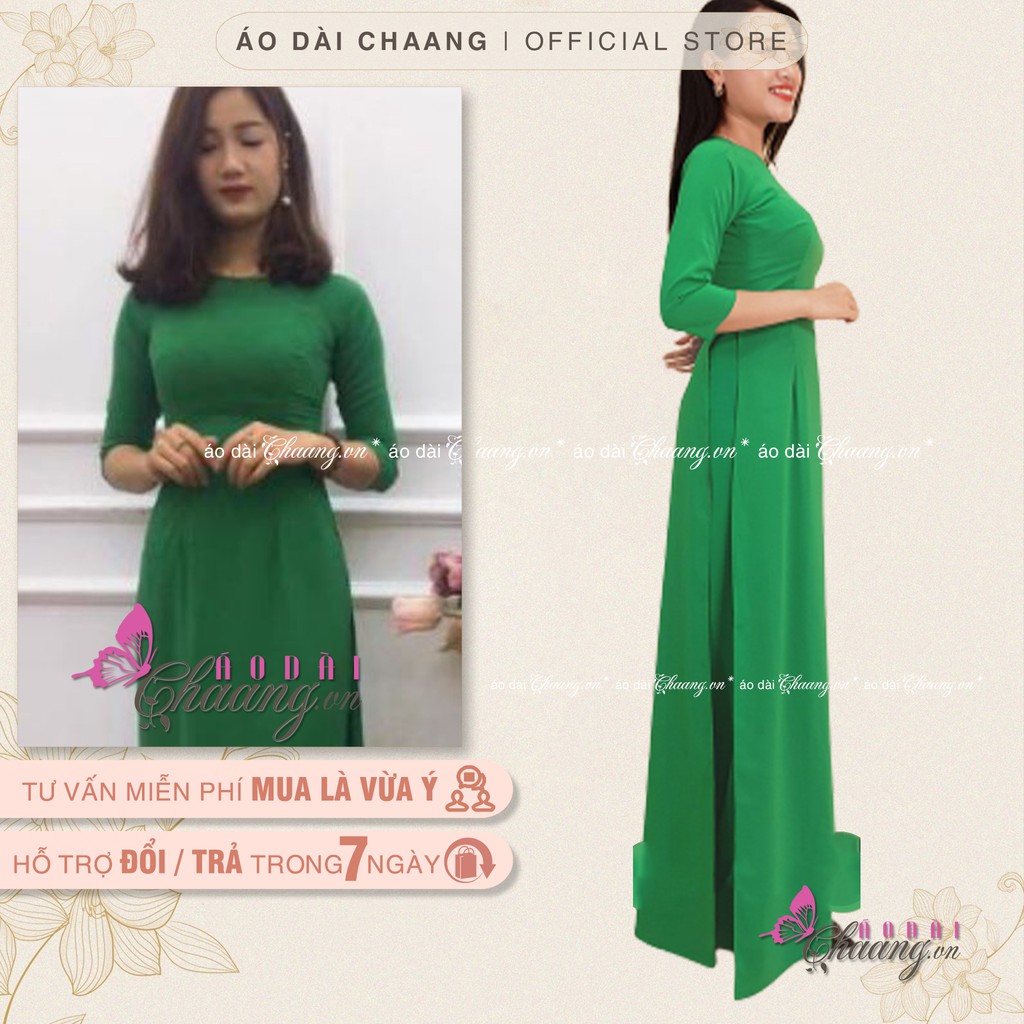 Áo dài xanh lá cổ tròn CHAANG May sẵn dáng truyền thống, vải lụa tay lỡ