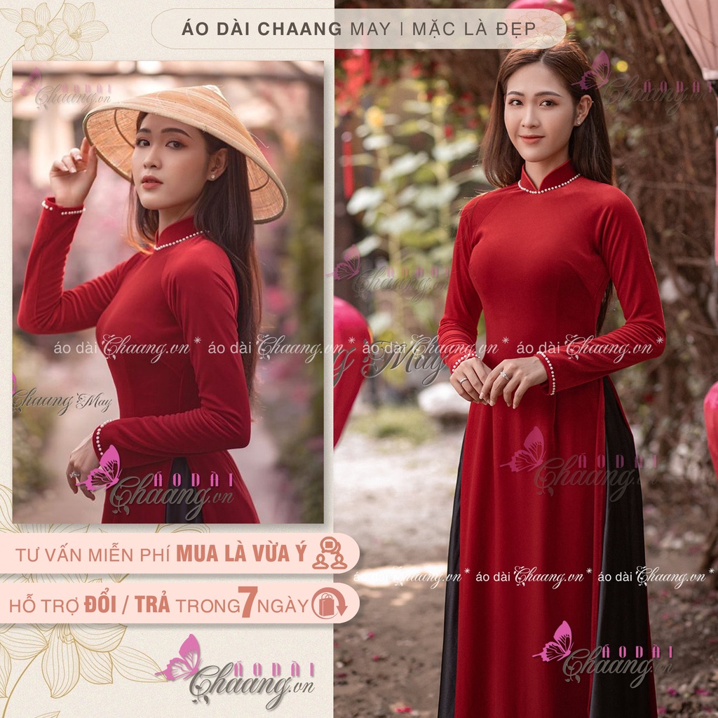 Áo dài nhung đính đá ngọc CHAANG May sẵn Áo dài truyền thống sang trọng, vải co giãn đẹp