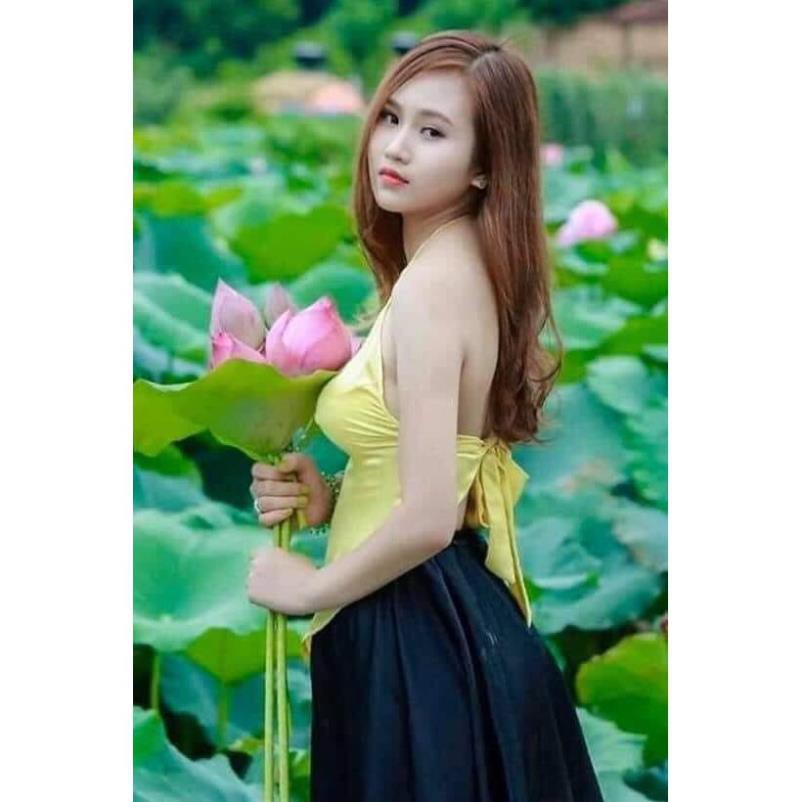 Áo Yếm mảnh ngắn chụp sen CHAANG may sẵn lụa phi bóng truyền thống kết hợp váy đụp nhiều màu nâu trắng đẹp ADC207