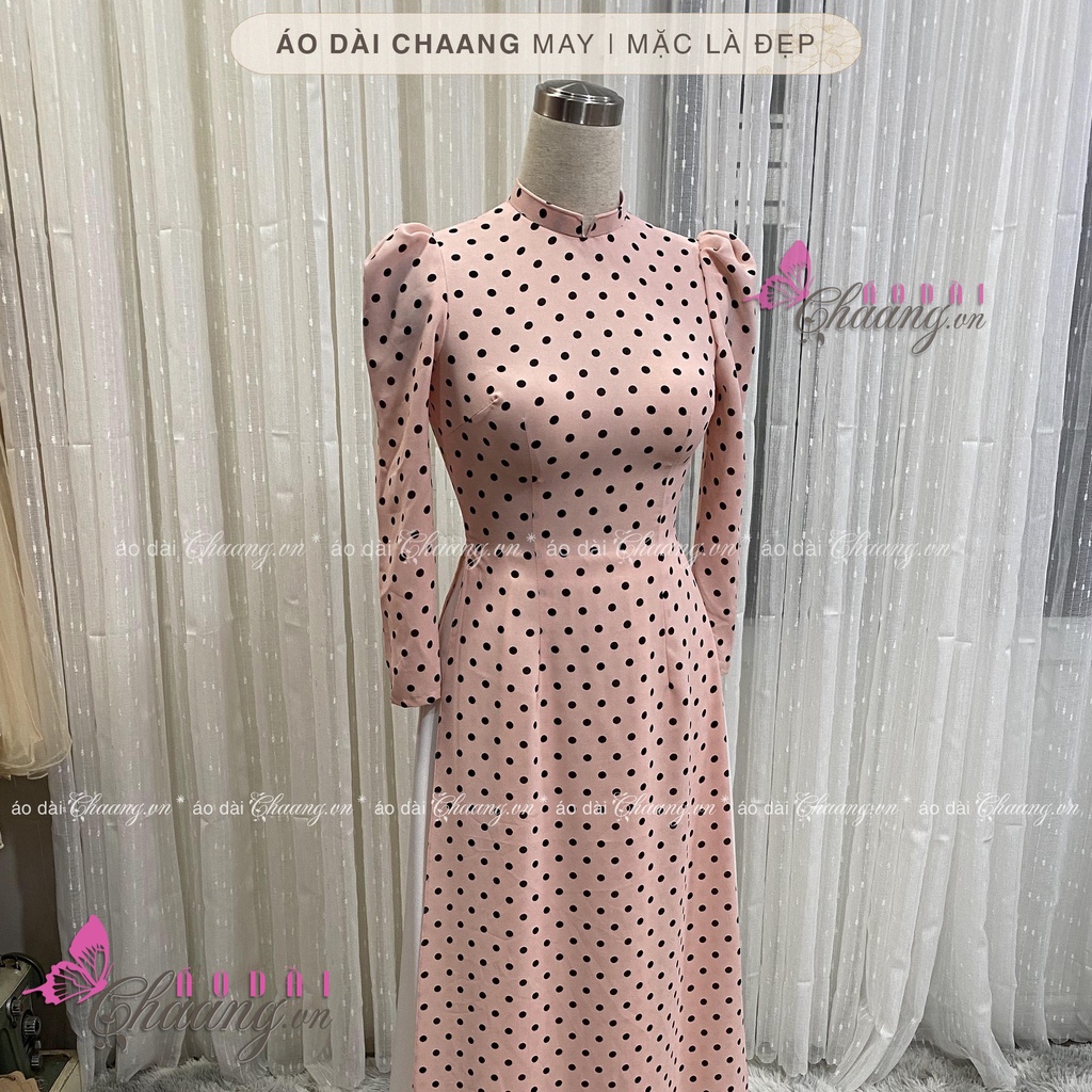 Áo Dài Hồng Chấm Bi Đen Vai Bồng May Sẵn Cổ Vuông Tay Bồng Mặc Lễ Tết Đẹp CBi131