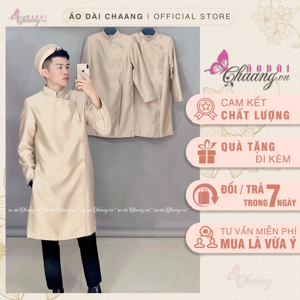 Áo dài nam cách tân Chaang May sẵn vải gấm da be nâu dày dặn lên form Vestton dự tiệc biểu diễn lễ tết đẹp ADC133