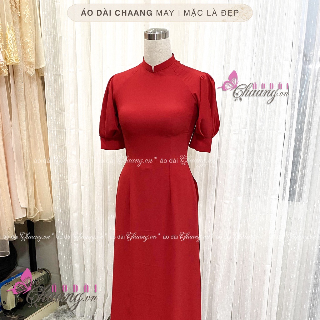 Áo Dài Cách Tân Nữ Tay Bồng Măng Séc Đỏ Mặc Dự Tiệc Lễ Tết Du Xuân Đẹp
