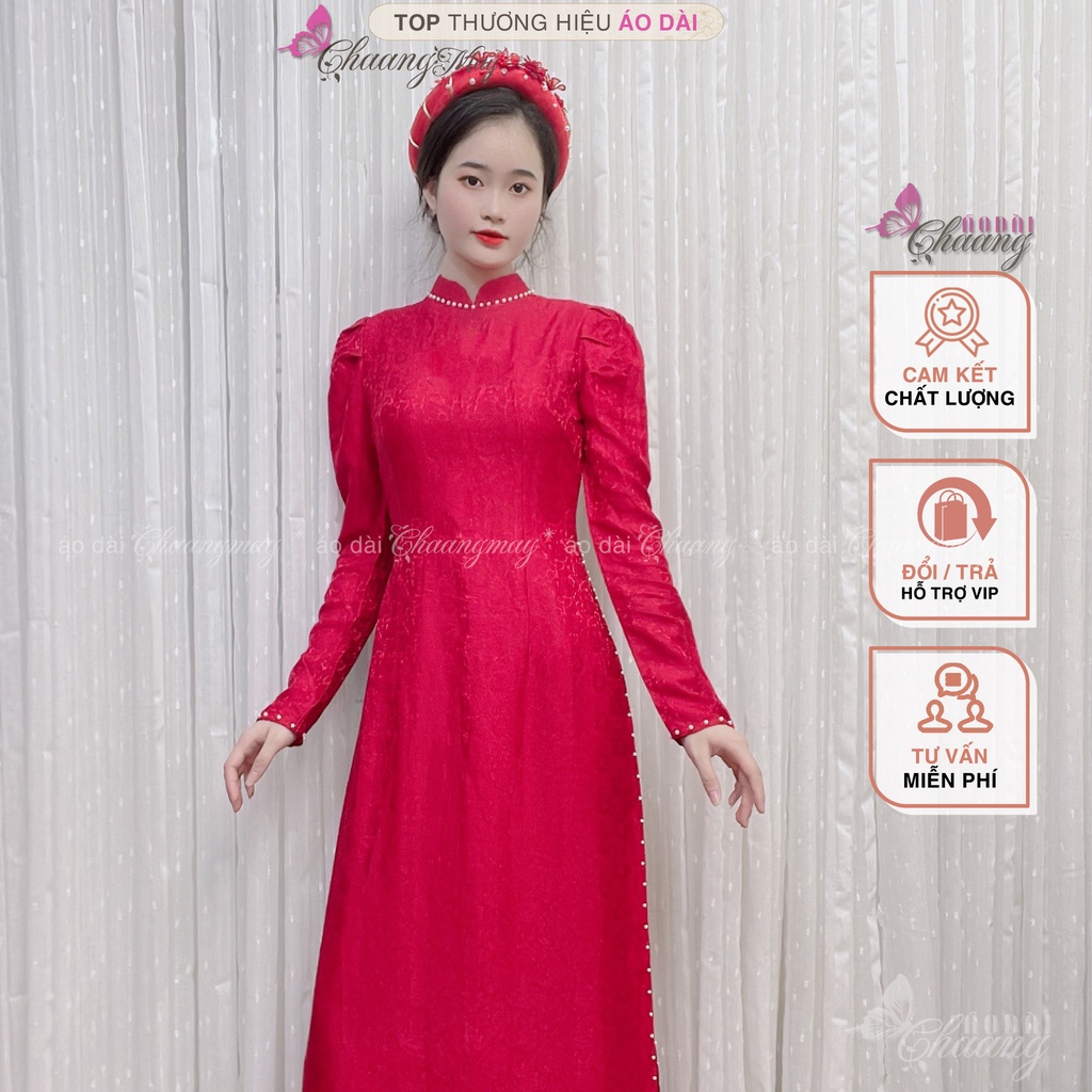 Áo dài cưới cô dâu tay vai bồng CHAANG May thiết kế Lụa Tơ Tằm đính ngọc cao cấp dự tiệc lễ tết đẹp