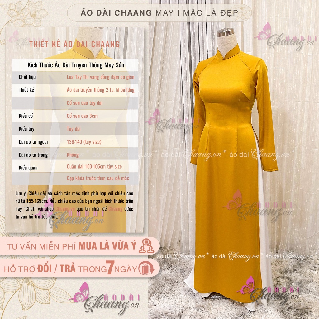 Áo Dài Truyền Thống May Sẵn Lụa Tây Thi Vàng Đồng Đẹp Vải Co Giãn 4 Chiều CH07