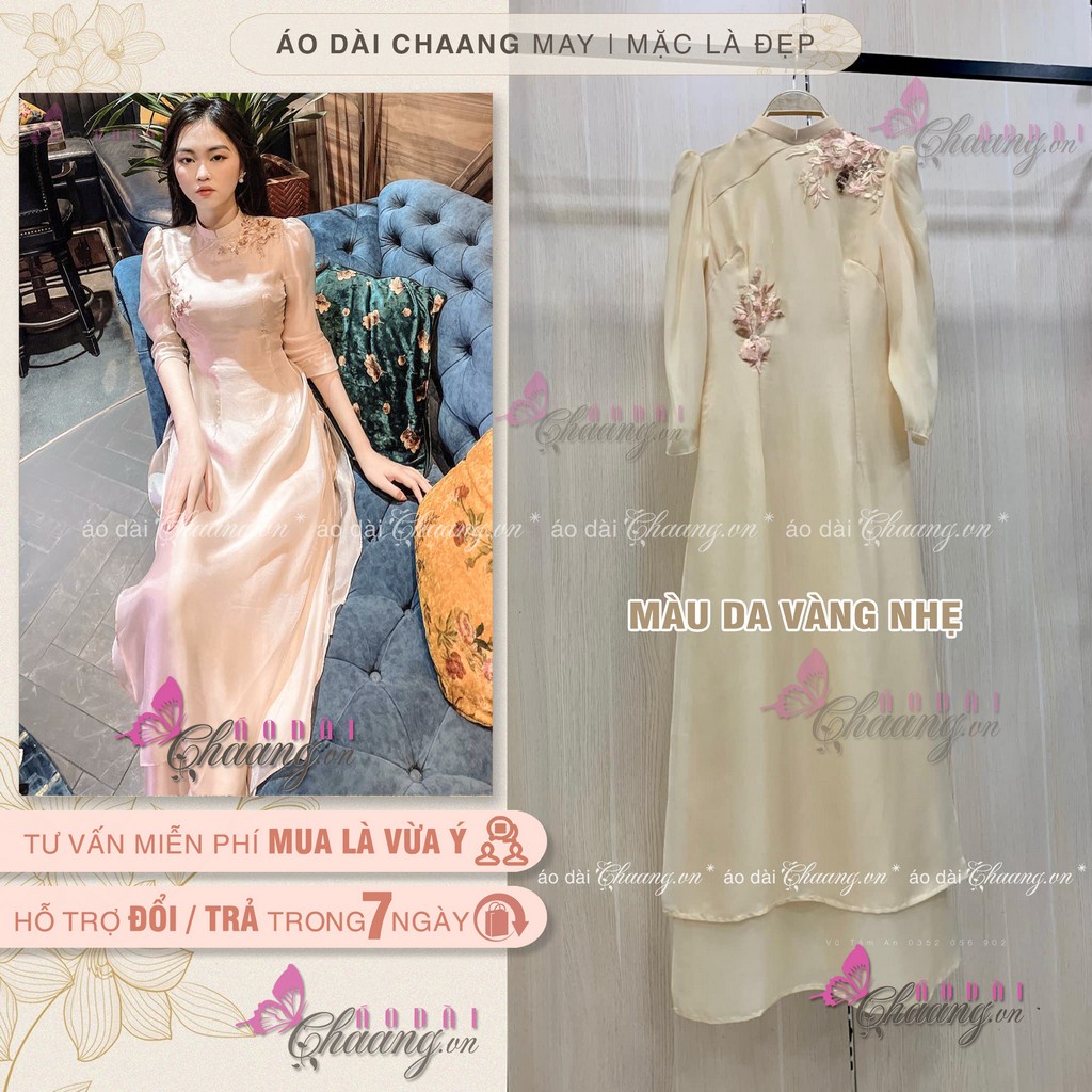 Áo Dài Cách Tân Nữ Thiết Kế Tay Bồng Lụa Tơ Hồng Da Nude Be 4 Tà Ren Hoa Cao Cấp Dự Tiệc Lễ Tết Đẹp