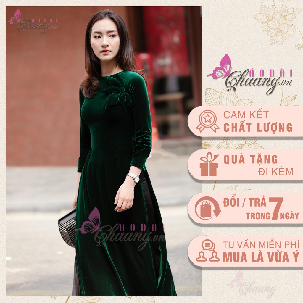 Áo dài nhung xanh - Có cài nơ hoa nhung cùng chất vải cao cấp co giãn tốt CHAANG