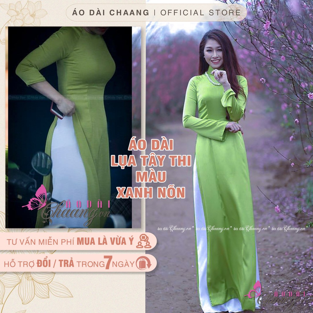 Áo dài xanh cốm nõn CHAANG may sẵn vải áo dài lụa Tây Thi truyền thống dự tiệc lễ tết đẹp
