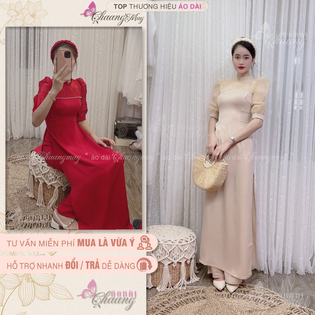Áo Dài Cách Tân Nữ Nude Sang Trọng Tay Tơ Bồng Có Cổ Tròn Liền Cách Điệu Đẹp C-AD422