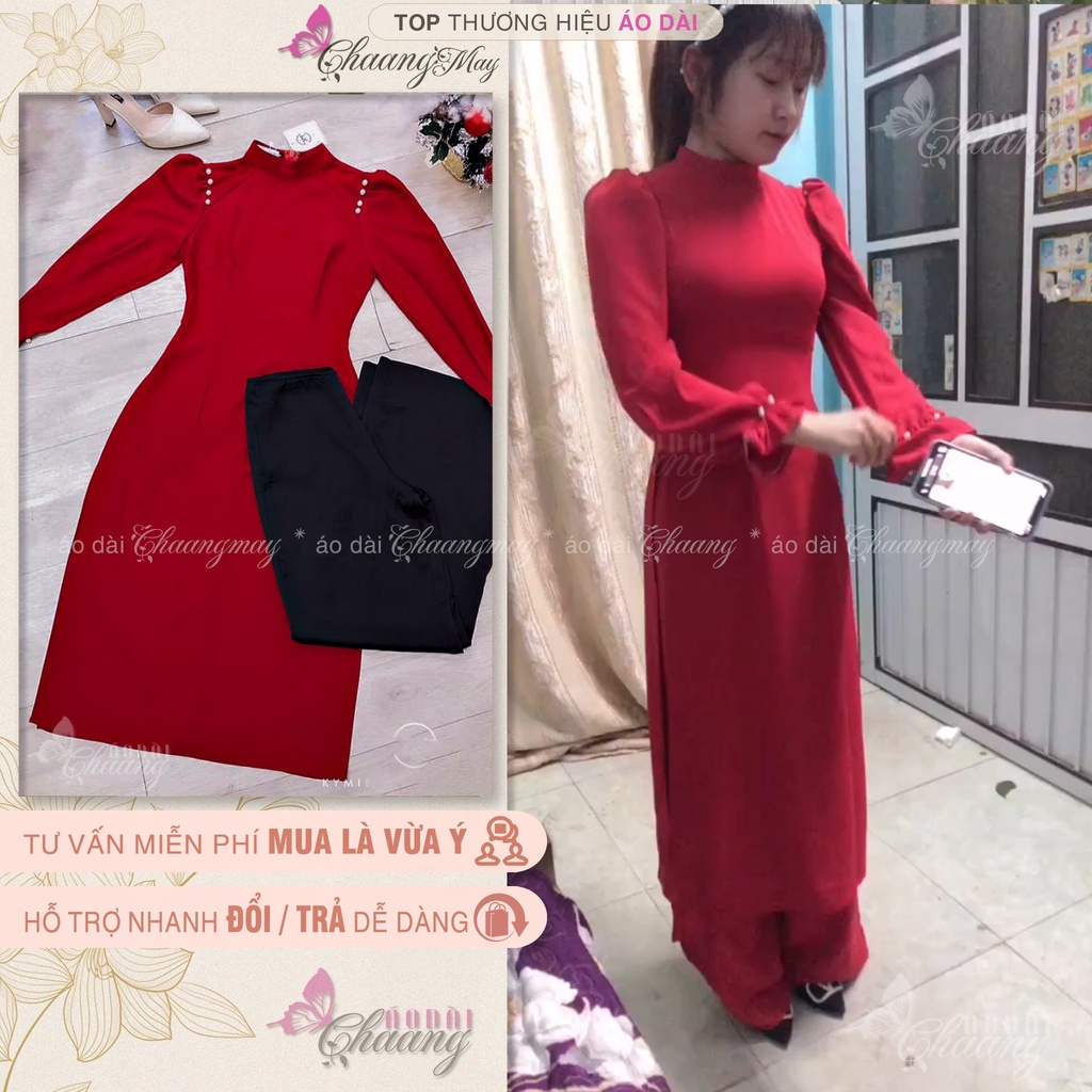 Áo Dài Cách Tân Nữ Tay Thun Bồng CHAANG May Sẵn 2 Tà Ngắn Đính Hạt Chuẩn Form Đẹp Đơn Giản CCT1422