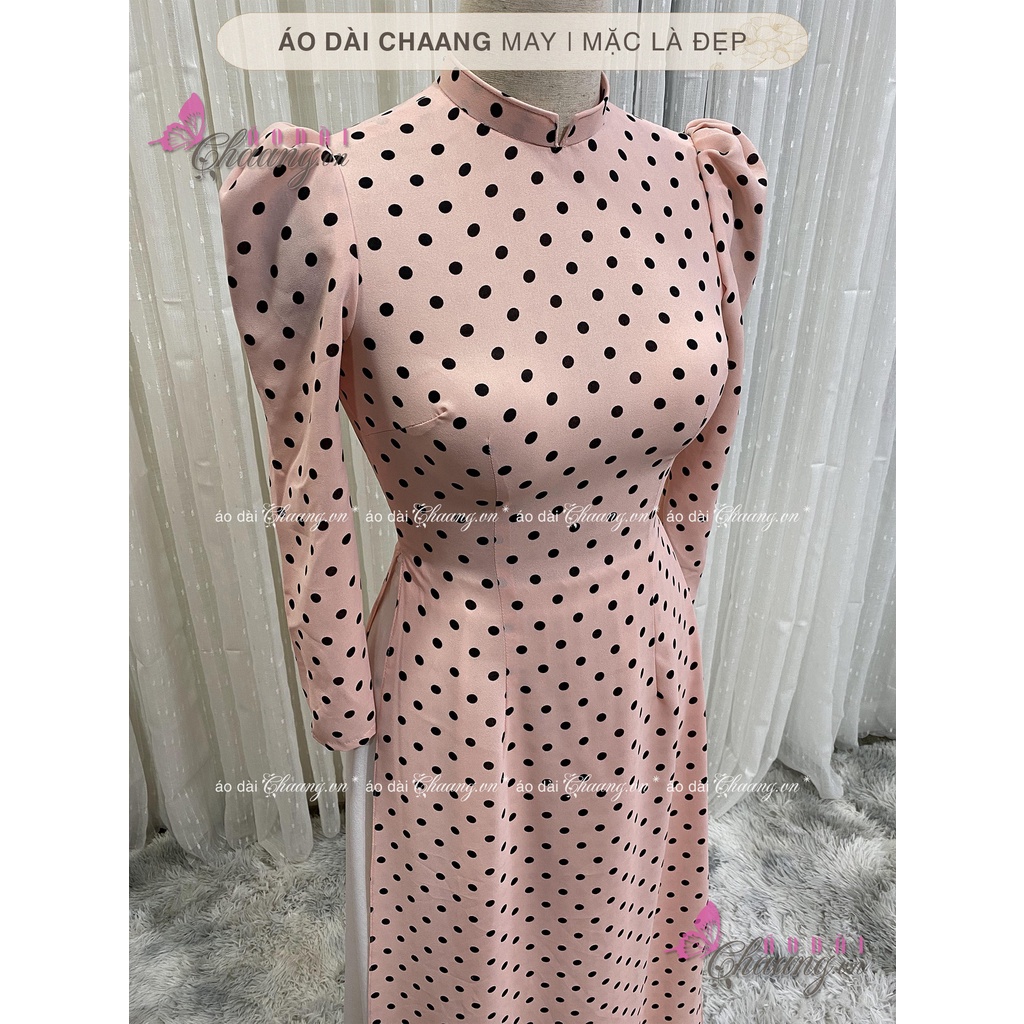 Áo Dài Hồng Chấm Bi Đen Vai Bồng May Sẵn Cổ Vuông Tay Bồng Mặc Lễ Tết Đẹp CBi131