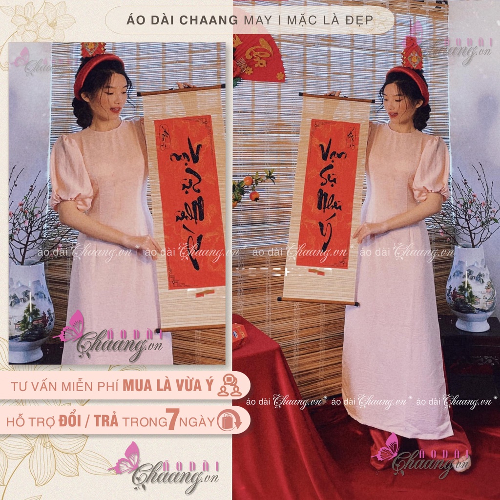 Áo Dài Cách Tân Nữ Tay Bèo Bồng Phồng CHAANG May Sẵn 2 Tà Cổ Tròn Trơn Mát Co Giãn Đẹp C-ADB7422