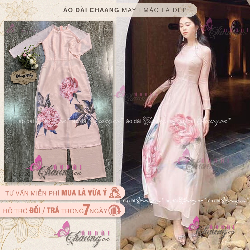 Áo Dài Cách Tân Nữ 4 Tà Hoa Hồng Bự Thiết Kế Cổ Tròn Tay Lỡ Lụa Tơ Óng Đẹp
