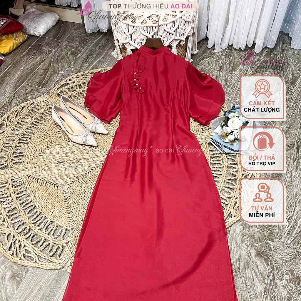 Áo Dài Cách Tân Nữ Hoa Xếp Nhẹ Thủ Công Chaang May Thiết Kế Sẵn Lụa Tơ Tay Cánh Tiên Dự Tiệc Lễ Tết Xinh Đẹp