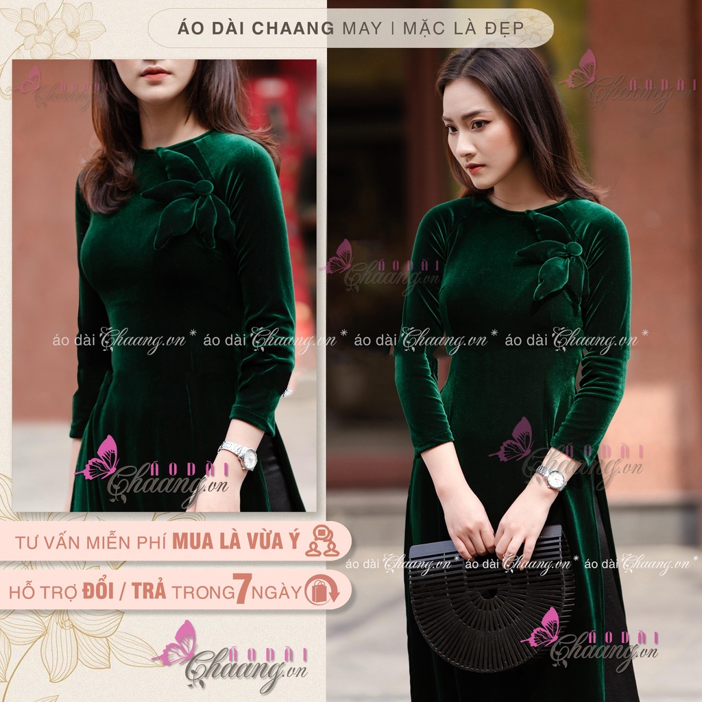 Áo dài nhung cổ tròn CHAANG May sẵn Áo dài nhung sang trọng, vải áo dài nhung đỏ sang trọng
