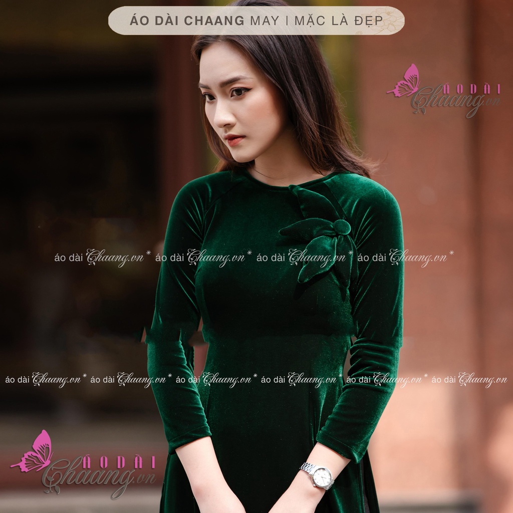 Áo dài nhung cổ tròn CHAANG May sẵn Áo dài nhung sang trọng, vải áo dài nhung đỏ sang trọng